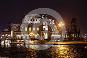 Semper Opera House At Night In Dresden; Germany
