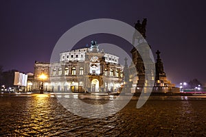 Semper Opera House At Night In Dresden; Germany