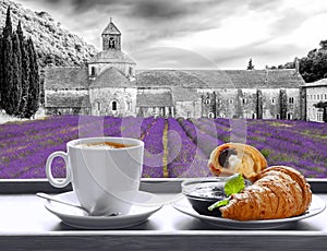 Senanque monastery against coffee with croissants in Gordes, Provence, France