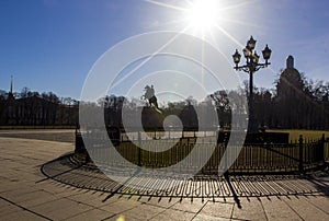 Senate square, Bronze horseman monument and St. Isaac cathedral, bright sun and beautiful shadowsSaint Petersburg, Russia.