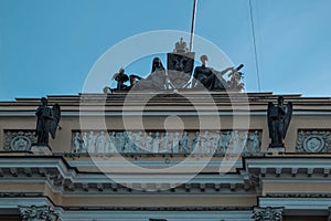 Senate square 1, Saint Petersburg, Russia, 11.10.2020. Constitutional Court of the Russian Federation. Green sculptures