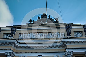 Senate square 1, Saint Petersburg, Russia, 11.10.2020. Constitutional Court of the Russian Federation. Green sculptures statues