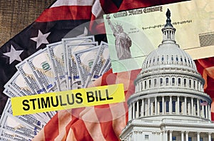 Senate stimulus deal includes individual checks virus economic stimulus plan US 100 dollar bills currency on American flag Global