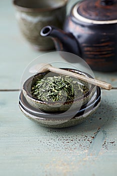 Sencha Green Tea on a Ceramic Plate