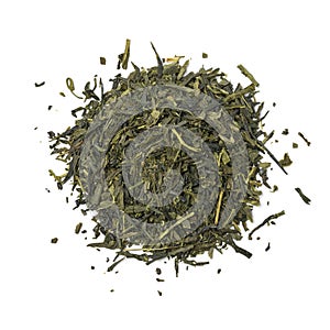 Sencha Superior dried tea leaves on white background close up