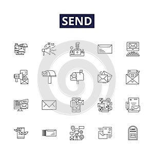 Send line vector icons and signs. Post, Express, Transmit, Launch, Despatch, Transship, Convey, Forward outline vector