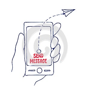 Send Message from Cell Phone in a Hand, Vector Illustration