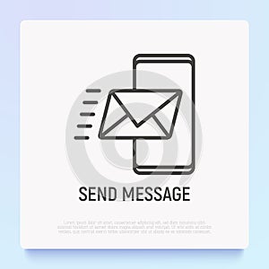 Send message, envelope flying on smartphone thin line icon. Modern vector illustration of web communication