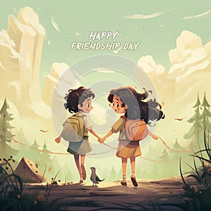 Happy friendship day greeting card. Two girls walking in the forest. Vector illustration Ai generative photo