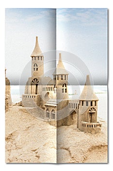 Sendcastles on a sunny beach with blue sky. Concept of leisure, holiday, vintage nostalgia memory