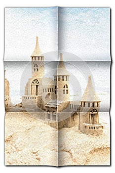 Sendcastles on a sunny beach with blue sky. Concept of leisure, holiday, vintage nostalgia memory