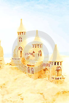 Sendcastles on a sunny beach with blue sky. Concept of leisure, holiday, vintage nostalgia memory photo