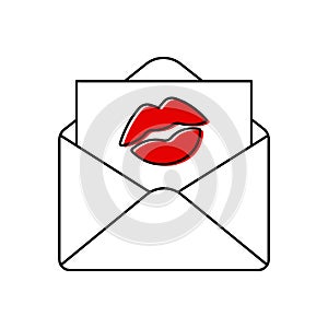 sending kisses, simple black line envelope icon with red kiss symbol, editable stroke vector illustration