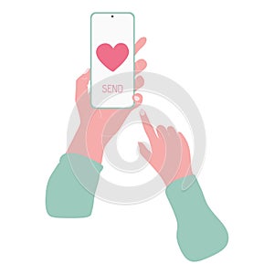 Sending Love Message concept. Hand holding Phone with Heart, Send button and Finger touch screen. Valentines Vector flat cartoon