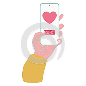 Sending love message concept. Hand holding Phone with heart, Send button on the screen. Finger touch screen. Vector flat cartoon