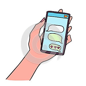 Sending love message concept. Hand holding phone with hearts emoji on the screen. Vector flat cartoon illustration for
