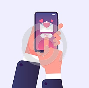 Sending love message. Hand holding cell phone with love heart on screen. Valentines day message vector concept