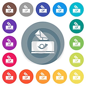 Sending mail solid flat white icons on round color backgrounds