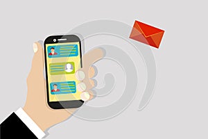 Sending message. Mobile chat. Hand holding phone with envelope, send button and notification, email. Flat cartoon illustration for