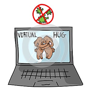 Sending virtual hug corona virus crisis cute bunny on laptop. Defeat sars cov 2 stay home infographic. Social media love