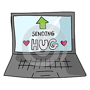 Sending virtual hug corona virus crisis text on laptop. Defeat sars cov 2 stay home infographic. Social media love