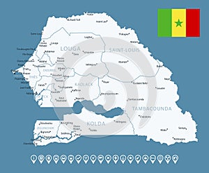Senegal - detailed map of the country in blue colors, divided into regions. Infographic icons