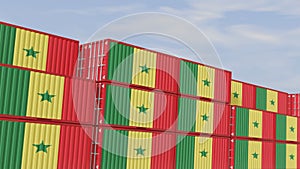 Senegal flag containers are located at the container terminal. Concept for Senegal import and export 3D