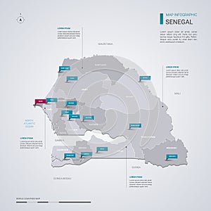Senegal vector map with infographic elements, pointer marks photo