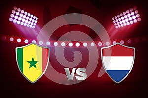 Senegal Vs Holland Football match fixture with stadium lights in purple and ball on the back. Football match backdrop illustration