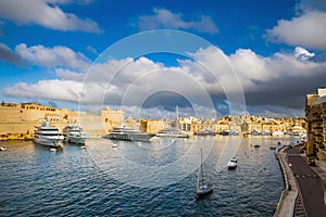 Senglea, Malta - Panoramic vew of yachts and sailing boats mooring at Senglea marina in Grand Canal of Malta