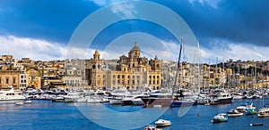 Senglea, Malta - Panoramic vew of yachts and sailing boats mooring at Senglea marina in Grand Canal of Malta