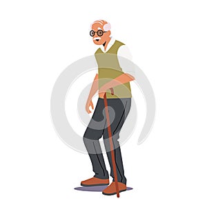 Senility, Old Ages Concept. Senior Man, Aged Grandfather Moving with Help of Walking Cane. Elderly White Haired Male photo