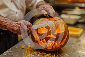 senior adult carving a traditional jackolantern with a knife