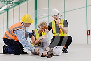 Senior adult engineer women faints sick health problem falling down accident at workplace team staff help support