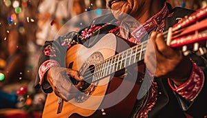 Senior adult guitarist playing acoustic guitar, celebrating music and cultures generated by AI