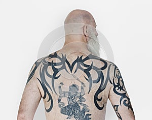 Senior Adult Man Rear View Hanuman Tattoo Spiritual Arts