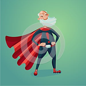 Senior adult man in super hero suit with red cape. Healthy lifestyle humor cartoon illustration. photo