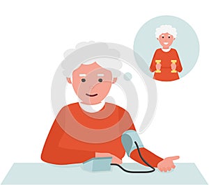 Senior Adult Measuring Blood Pressure. Healthy lifestyle. Flat funny cartoon illustration vector set. Active sport