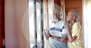 Senior african american couple talking and looking out window at home, slow motion