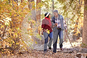 Senior African American Couple Walking Through Fall Woodland