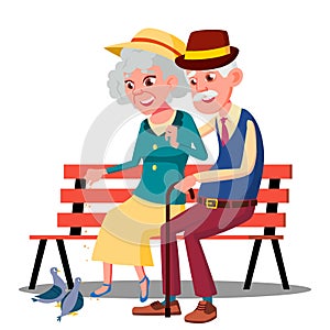 Senior Age Family Couple Sitting On A Bench And Talking Vector. Isolated Illustration