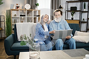Senior aged happy couple embracing using laptop together.
