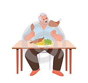 Senior aged man hunger character with overweight eating junk unhealthy food sitting at table