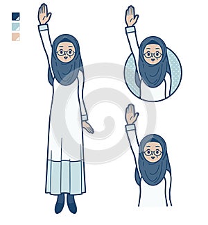A senior arabic woman with raise hand images