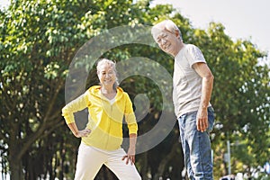 Senior asian couple exercising in park