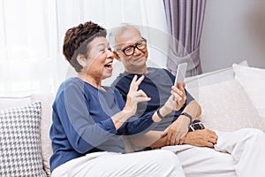 Senior Asian couple grandparents making a video call and waving at the caller.