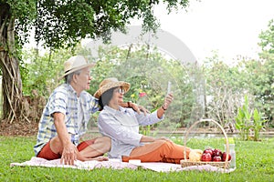 Senior Asian couple, husband and wife sitting for a picnic and resting in the park. They are happy