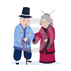 Senior Asian Couple Wearing Traditional Costumes Old Man And Woman On White Background