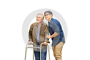 Senior asian father and middle aged son with clipping path, Caregiver is teaching old man to walk with walker, Elderly senior man