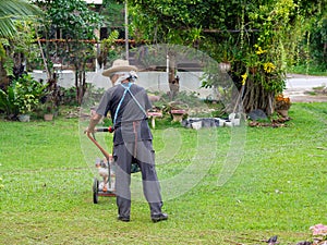 Senior Asian man mowing in the garden